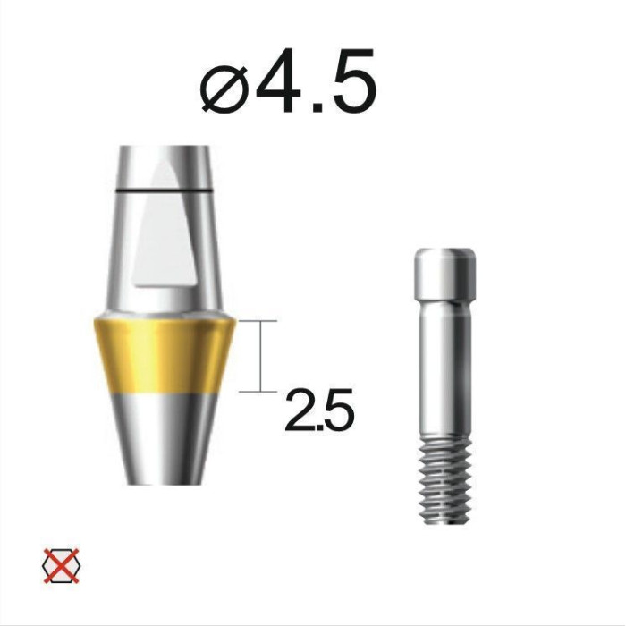 Абатмент прямий (титан Grade4+TiN) SuperLine (СуперЛайн) № DAB4525NL, 1шт діам.= 4.50 мм; форма: без шестигранника; вис.ясен.= 2.5 мм; вис.= 4.5 мм (+фікс.гвинт ASC2045) (Dentium/Дентіум)