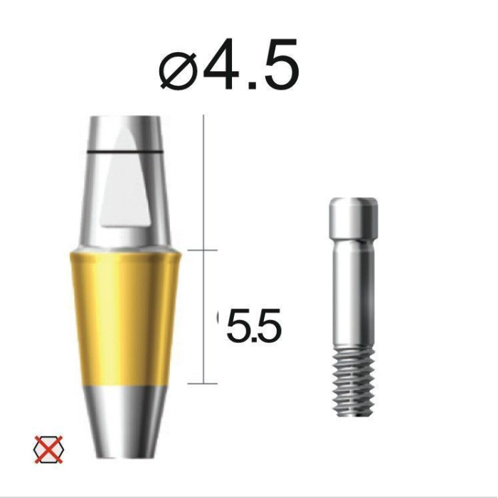 Абатмент прямий (титан Grade4+TiN) SuperLine (СуперЛайн) № DAB4555NL, 1шт діам.= 4.50 мм; форма: без шестигранника; вис.ясен.= 5.5 мм; вис.= 4.5 мм (+фікс.гвинт ASC2045) (Dentium/Дентіум)