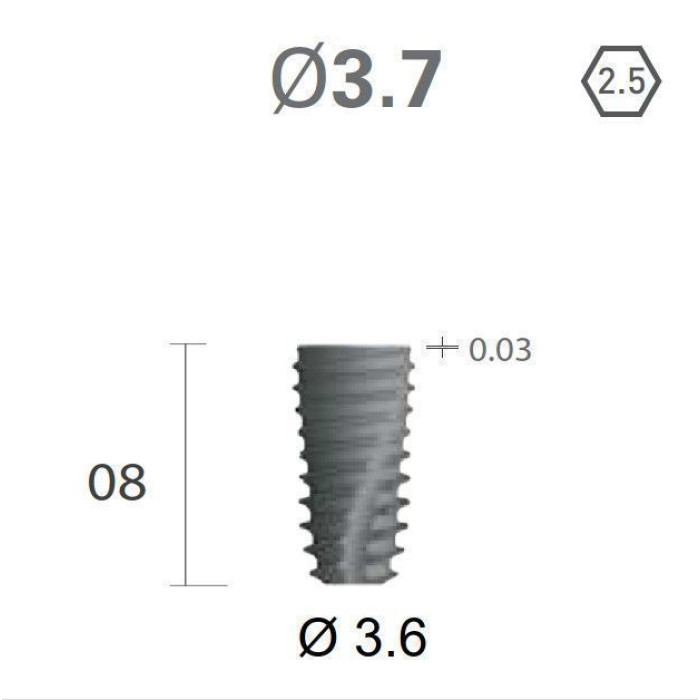 Імплантат фаска = 0.0 мм SuperLine II New (NG+) (СуперЛайн) № FXS3608, 1шт діам.= 3.70/3.60 мм; з агресивною різьбою; довжина= 8.0 мм (+гвинт-зуглушка у комплект не входить) (Dentium/Дентіум)