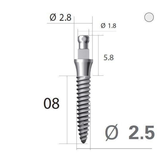 Імплантат кулькова опора SlimLine (SlimOneBody) (СлімЛайн (СлімВанБоді)) № IBS252008, 1шт діам.= 2.50 мм; довжина= 8.0 мм; вис.ясен.= 2.0 мм (Dentium/Дентіум)