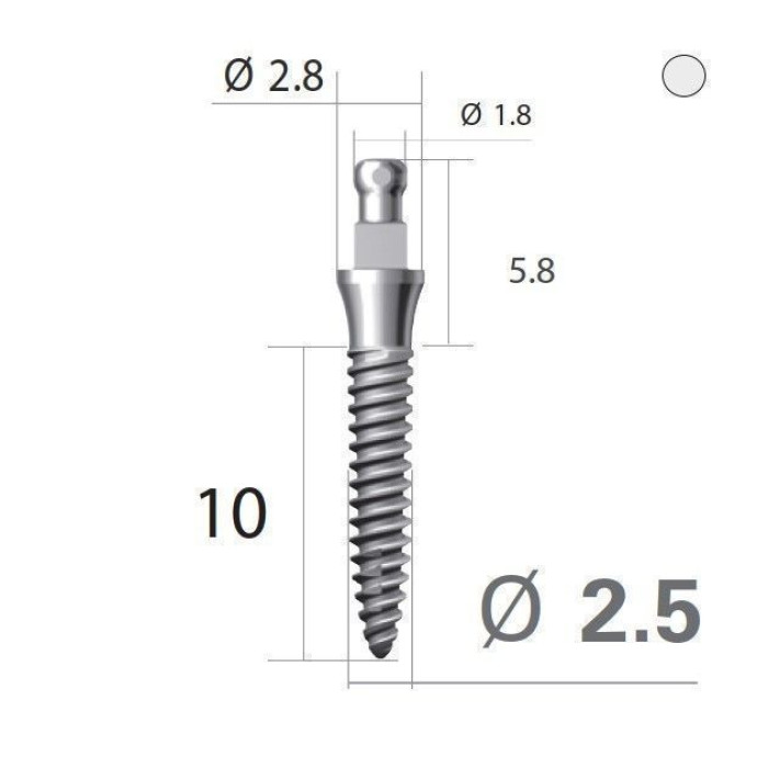 Імплантат кулькова опора SlimLine (SlimOneBody) (СлімЛайн (СлімВанБоді)) № IBS252010, 1шт діам.= 2.50 мм; довжина= 10 мм; вис.ясен.= 2.0 мм (Dentium/Дентіум)