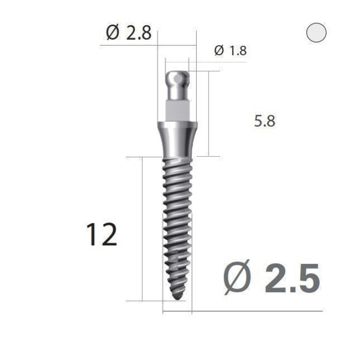 Імплантат кулькова опора SlimLine (SlimOneBody) (СлімЛайн (СлімВанБоді)) № IBS252012, 1шт діам.= 2.50 мм; довжина= 12 мм; вис.ясен.= 2.0 мм (Dentium/Дентіум)