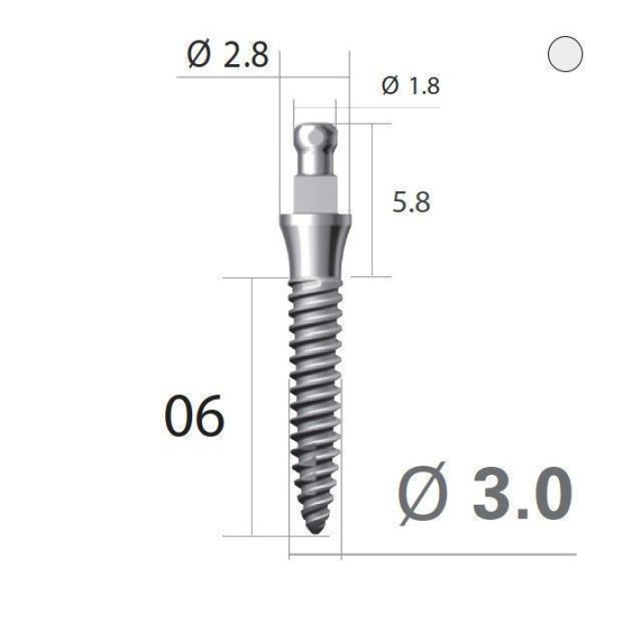 Імплантат кулькова опора SlimLine (SlimOneBody) (СлімЛайн (СлімВанБоді)) № IBS302006, 1шт діам.= 3.00 мм; довжина= 6.0 мм; вис.ясен.= 2.0 мм (Dentium/Дентіум)