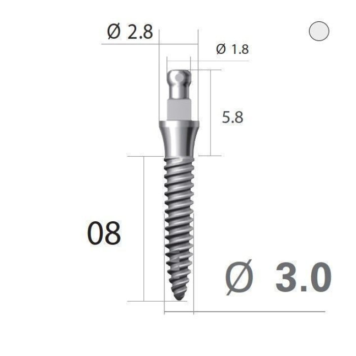 Імплантат кулькова опора SlimLine (SlimOneBody) (СлімЛайн (СлімВанБоді)) № IBS302008, 1шт діам.= 3.00 мм; довжина= 8.0 мм; вис.ясен.= 2.0 мм (Dentium/Дентіум)