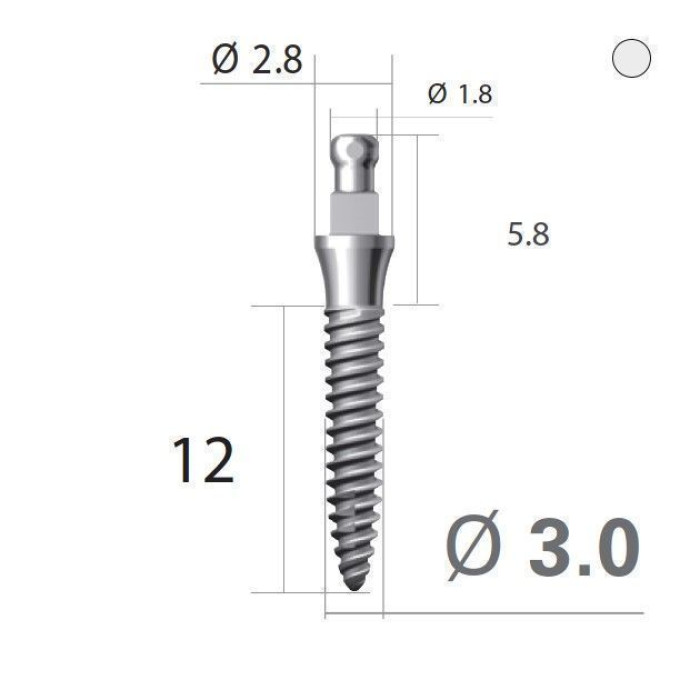 Імплантат кулькова опора SlimLine (SlimOneBody) (СлімЛайн (СлімВанБоді)) № IBS302012, 1шт діам.= 3.00 мм; довжина= 12 мм; вис.ясен.= 2.0 мм (Dentium/Дентіум)