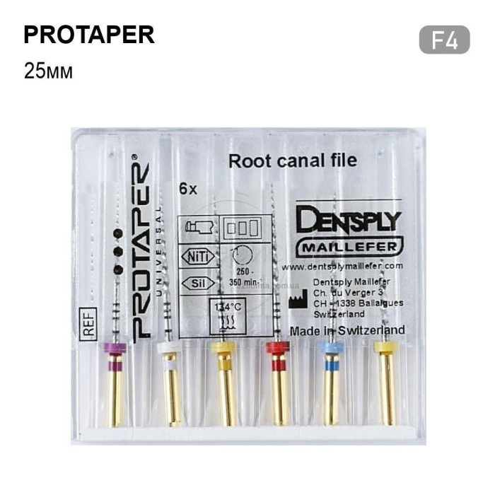 Protaper  (Протейпер), 6шт/пак довж.=25 мм; № F4 - Каналорозширювачі, машинні (Dentsply Maillefer/Дентсплай Майлліфер)