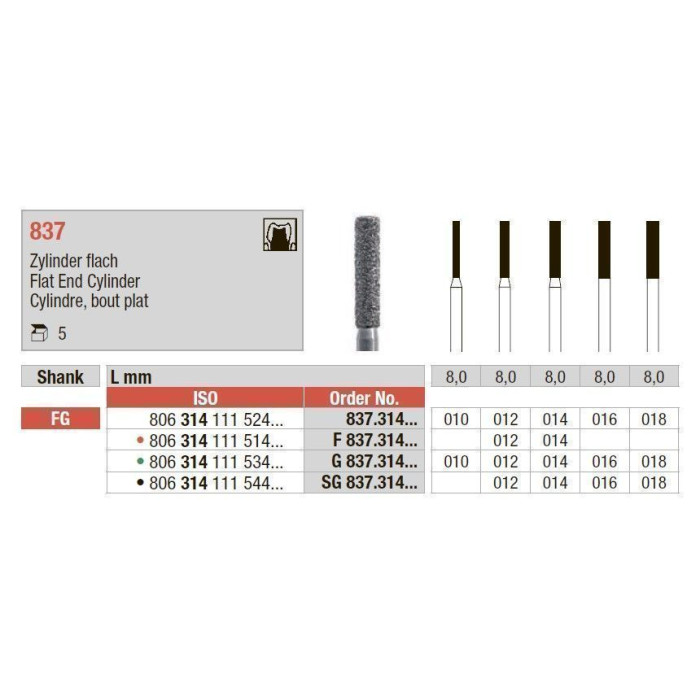 Бор діамантовий, під ТН № SG 837.016, 1шт циліндр; діам.= 1.60 мм; роб.довж.= 8.0 мм; 181 мкм (чорний); (L=19 мм) (Edenta/Едента)