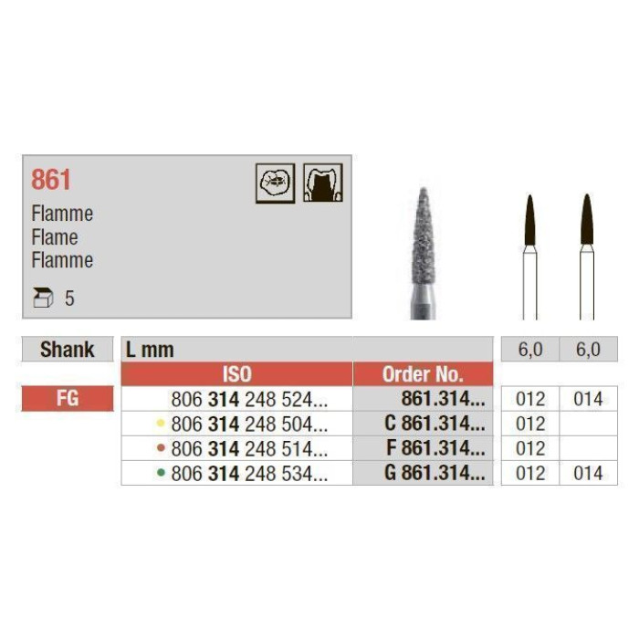 Бор діамантовий, під ТН № G 861.014, 1шт полум'я; діам.= 1.40 мм; роб.довж.= 6.0 мм; 151 мкм (зелений); (L=19 мм) (Edenta/Едента)