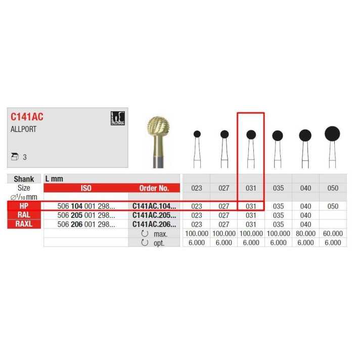 Фреза хірургічна кісткова під ПН № C141AC.104.031, 1шт форма: кулька; (L= 44 мм); діам.= 3.1 мм; роб.част.= 3.1 мм (Edenta/Едента)
