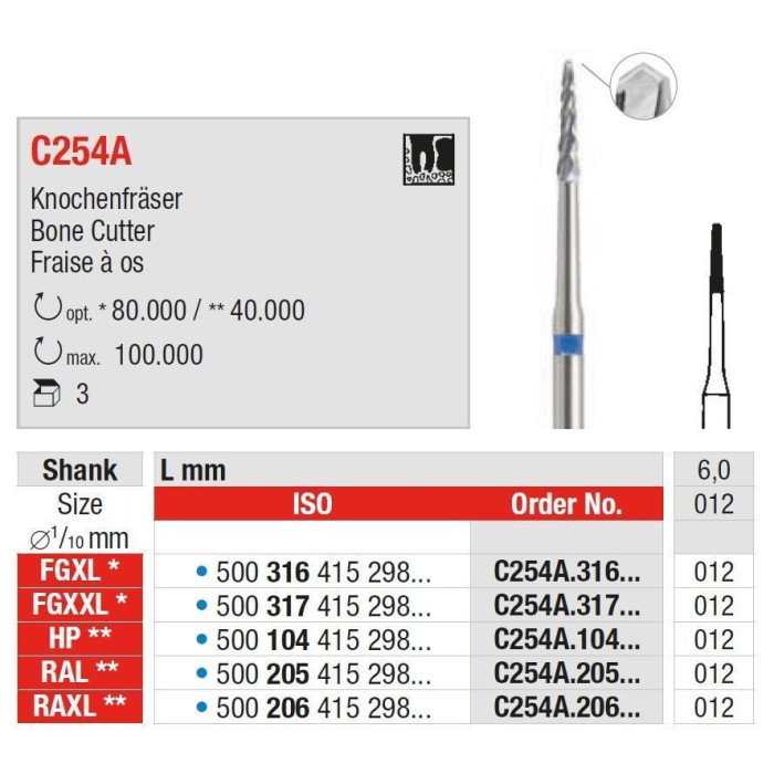 Фреза хірургічна, кісткова, під ТН № C254A.316.012, 1шт (L= 25 мм); діам.= 1.20 мм; роб.част.= 6.0 мм (Edenta/Едента)