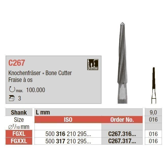 Фреза хірургічна, кісткова, під ТН № C267.317.016, 1шт (L= 30 мм); діам.= 1.60 мм; роб.част.= 9.0 мм (Edenta/Едента)