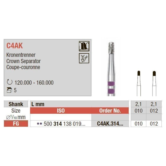 Бор ТВС, для розрізання коронок, під ТН № C4AK.314.010, 1шт циліндр заокруглений; діам.= 1.00 мм; роб.довж.= 2.1 мм; (2Х бузковий); (L=19 мм) (Edenta/Едента)