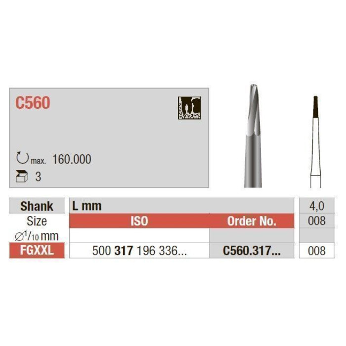 Фреза хірургічна, кісткова, під ТН № C560.317.008, 1шт (L= 30 мм); діам.= 0.80 мм; роб.част.= 4.0 мм (Edenta/Едента)