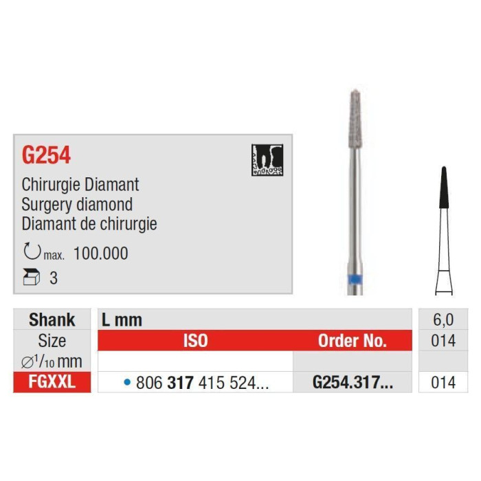 Фреза хірургічна, діамантова, під ТН № G254.317.014, 1шт (L= 30 мм); діам.= 1.40 мм; роб.част.= 6.0 мм (Edenta/Едента)
