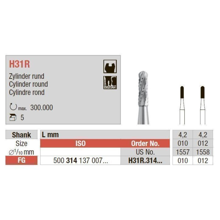Бор ТВС, під ТН № H31R.314.010, 1шт циліндр заокруглений; діам.= 1.00 мм; роб.довж.= 4.2 мм; (L=19 мм) (Edenta/Едента)