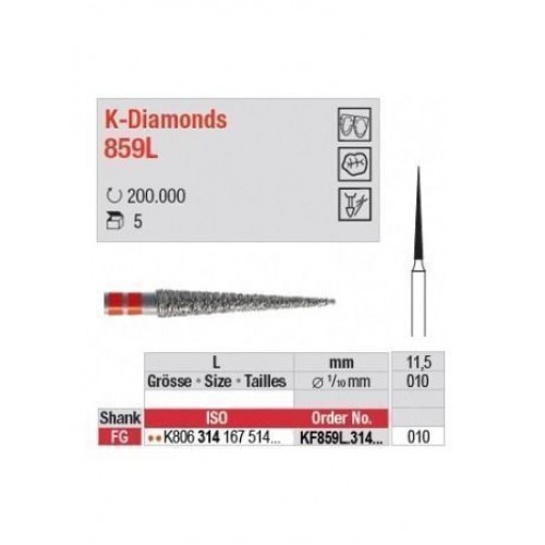 Бор діамантовий, під ТН K-Diamonds № KF859L.314.010, 1шт голкоподібний; діам.= 1.00 мм; роб.довж.= 11.5 мм; (2Х червоний); (L=19 мм) (Edenta/Едента) Бор діамантовий, під ТН K-Diamonds № KF859L.314.010, 1шт голкоподібний; діам.= 1.00 мм; роб.довж.= 11.5 мм; (2Х червоний); (L=19 мм) (Edenta/Едента)