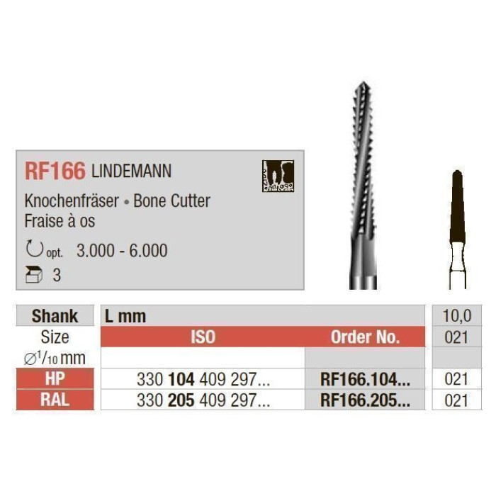 Фреза хірургічна, кісткова, під КН Lindemann № RF166.205.021, 1шт (L= 26 мм); діам.= 2.10 мм; роб.част.= 10 мм (Edenta/Едента)