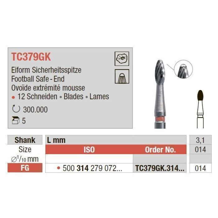 Бор ТВС, карбідний фінір, під ТН № TC379GK.314.014, 1шт яйцеподібний; діам.= 1.40 мм; роб.довж.= 3.1 мм; 12 -гран.; (L=19 мм) (Edenta/Едента)