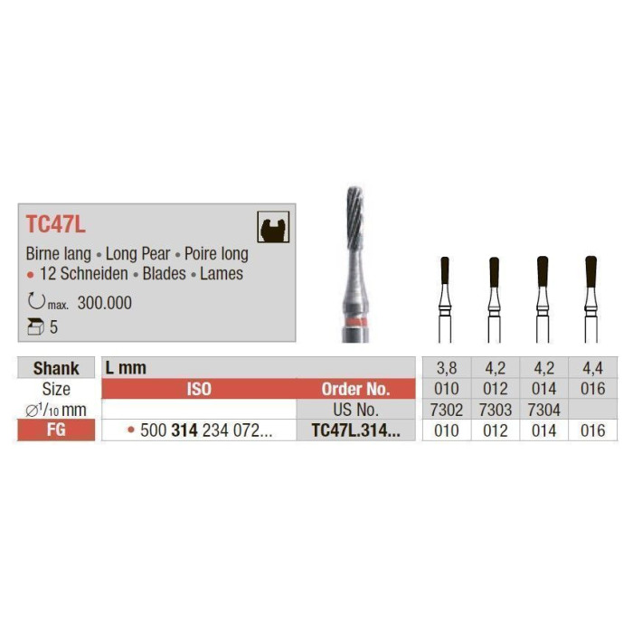 Бор ТВС, карбідний фінір, під ТН № TC47L.314.012, 1шт груша; діам.= 1.20 мм; роб.довж.= 4.2 мм; 12 -гран.; (L=19 мм) (Edenta/Едента)