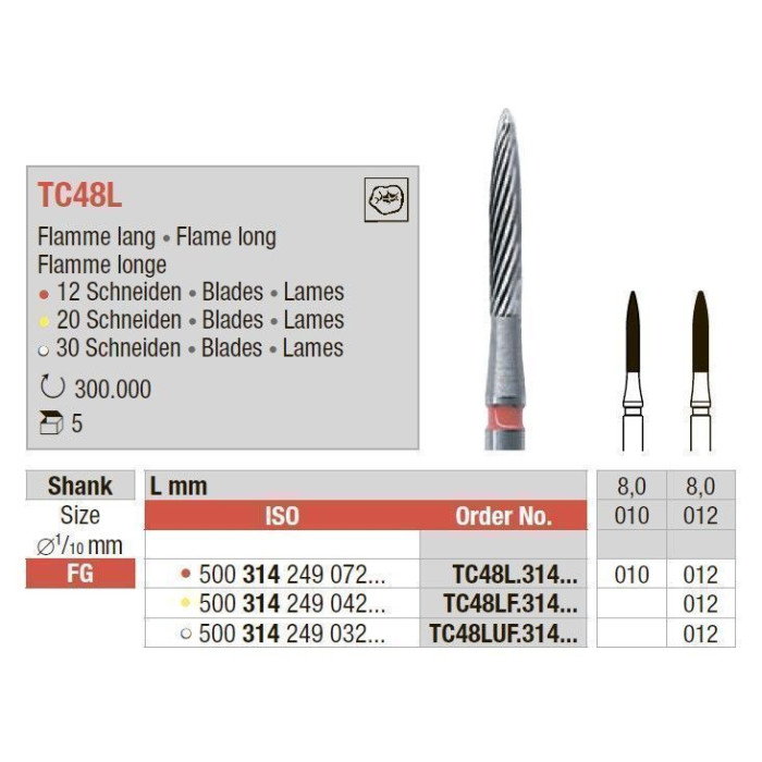 Бор ТВС, карбідний фінір, під ТН № TC48L.314.010, 1шт полум'я; діам.= 1.00 мм; роб.довж.= 8.0 мм; 12 -гран.; (L=19 мм) (Edenta/Едента)