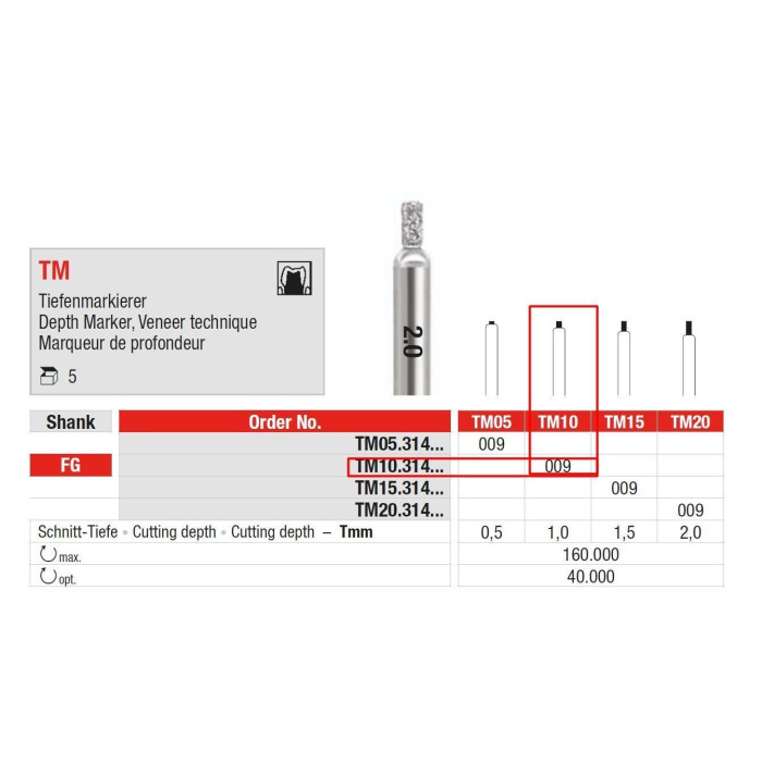 Бор діамантовий, під ТН № TM10.314.009, 1шт маркер глибини; діам.= 0.90 мм; роб.довж.= 1.0 мм; глиб.преп.= 1.0 мм; (без маркування); (L=19 мм) (Edenta/Едента)