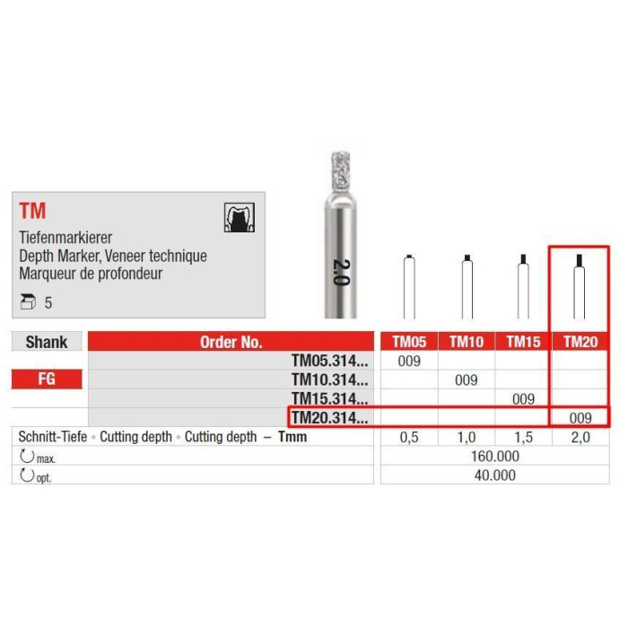 Бор діамантовий, під ТН № TM20.314.009, 1шт маркер глибини; діам.= 0.90 мм; роб.довж.= 2.0 мм; глиб.преп.= 2.0 мм; (без маркування); (L=19 мм) (Edenta/Едента)