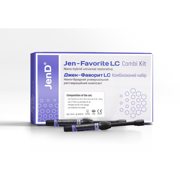 Jen-Favorite Combi Kit (Джен-Фаворіт LC), Н-р: 5 х шпр.4г (A2E, A2D, A3E, A3D, I) (+Jen-LC-Flow(2х шпр.3г:A2,A3)+Jen-Unibond(флак.6мл)+Phospho-Jen AS(шпр.5мл)
) - Реставраційний композит, наногібридний (Джендентал-Україна/Джендентал-Україна)