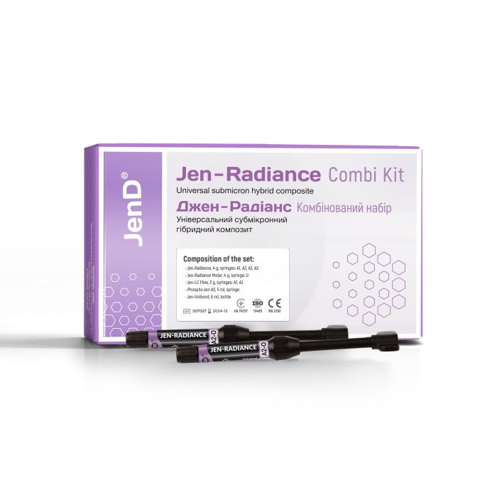 Jen-Radiance 7x Combi Kit (Джен-Радіанс), Н-р: 4 х шпр.4г (A1, A2, A2O, A3) (+Jen-Radiance Molar(шпр.4г:U)+Jen-LC Flow (2х шпр.3г:A2, A3)+Jen-Unibond(флак.6мл)+Phospho-Jen AS(шпр.5мл)) - Реставраційний композит, субмікронний (Джендентал-Україна/Джендентал