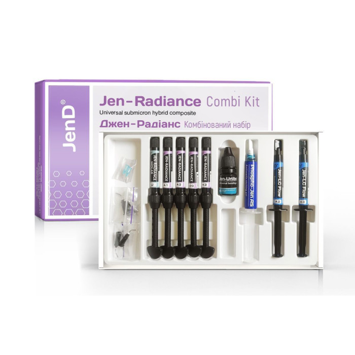 Jen-Radiance 7x Combi Kit (Джен-Радіанс), Н-р: 4 х шпр.4г (A1, A2, A2O, A3) (+Jen-Radiance Molar(шпр.4г:U)+Jen-LC Flow (2х шпр.3г:A2, A3)+Jen-Unibond(флак.6мл)+Phospho-Jen AS(шпр.5мл)) - Реставраційний композит, субмікронний (Джендентал-Україна/Джендентал