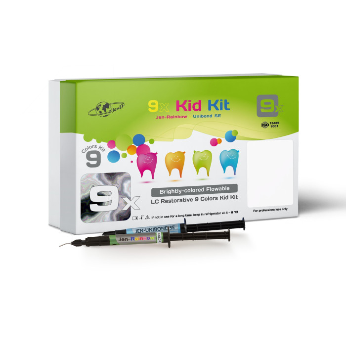 Jen-Rainbow Kid Kit (Джен-Рейнбоу), Н-р: 9 х шпр.1мл (Green-Fluo, Orange-Fluo, Lime-Fluo, Purple-Fluo, Green-Pearl, Pink-Pearl, Blue-Pearl, Golden-Pearl; Clear-Red) (+Jen-Unibond SE - 3мл) - Кольоровий композит, мікрогібридний текучий (Джендентал-Україна/
