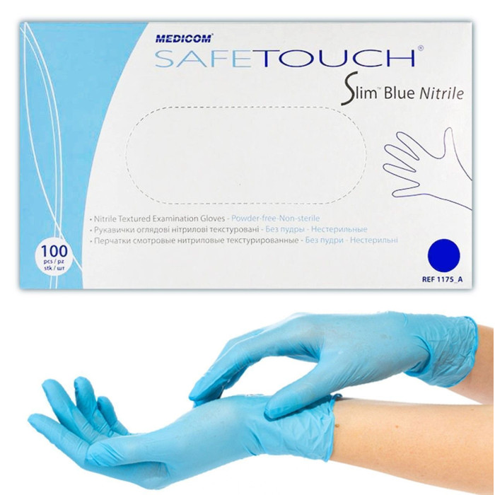 Рукавички нитрилові Safetouсh Slim Blue, 100шт/пак колір: блакитний; розм.= "M" (№7-8) (Medicom/Медіком)