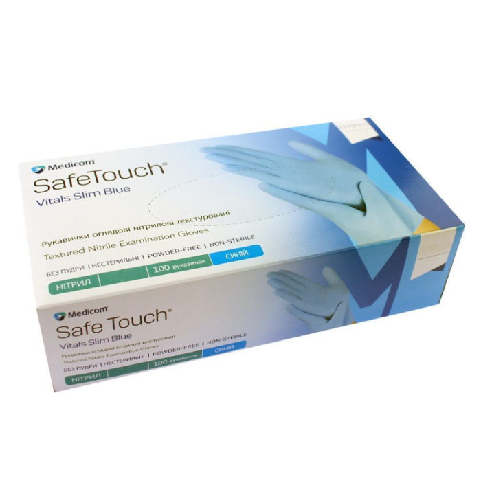 Рукавички нитрилові Safetouсh Vitals Blue № 1193N-D, 100шт/пак колір: блакитний; розм.= "L" (№9) (Medicom/Медіком)