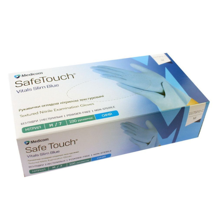 Рукавички нитрилові Safetouсh Vitals Slim Blue № 1175P2-C, 100шт/пак колір: блакитний; розм.= "M" (№7) (Medicom/Медіком)