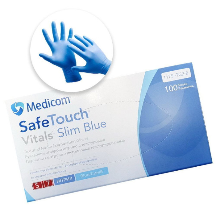 Рукавички нитрилові Safetouсh Vitals Slim Blue № 1175P2-B, 100шт/пак колір: блакитний; розм.= "S" (№6.5) (Medicom/Медіком)