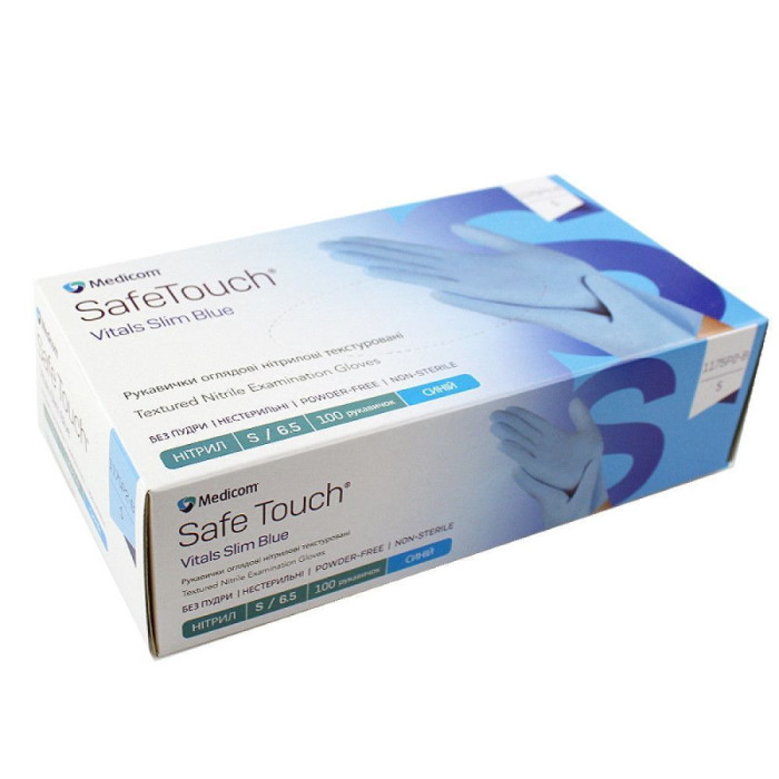 Рукавички нитрилові Safetouсh Vitals Slim Blue № 1175P2-B, 100шт/пак колір: блакитний; розм.= "S" (№6.5) (Medicom/Медіком)