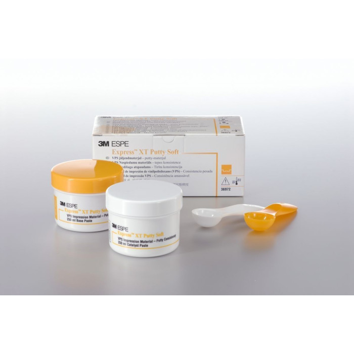 Express XT Putty Soft  (Експрес ХТ Путті Софт) № 36972, Пак.: 2 х банка 250мл колір: жовтий (+дві ложки) - Відбиткова маса (VPS, A-силікон), база, дуже висока в'язкість (тип 0) (Solventum (3M)/Солвентум (ЗМ))