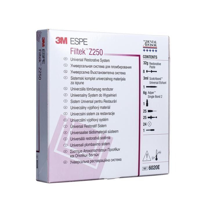 Filtek Z250 Starter Kit (Філтек ЗЕТ250) № 6020E, Н-р: 8 х шпр.4г (А1, А2, A3, А3,5, В3, С2, D3, UD) (+6мл Adper Single Bond 2, пробний набір Sof-Lex, 3мл Scotchbond Universal травільний гель, аксесуари, шкала віддтінків, інструкція) - Реставраційний компо
