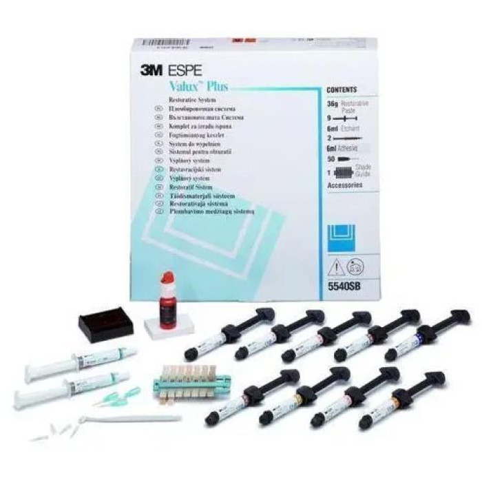 Valux Plus (Валюкс Плюс) № 5540SB, Н-р: 9 х шпр.4г (2xА2, 2xА3, А1, А3.5, B3, C2, UD) (+Adper Single Bond 2, травільний гель Scotchbond 6мл, аксессуари, шкала відтінків) - Реставраційний композит, гібридний (Solventum (3M)/Солвентум (ЗМ))