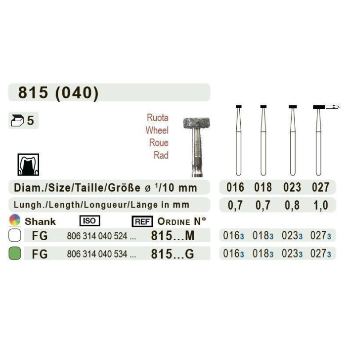 Бор діамантовий, під ТН № 815.524.018, 1шт колесо; діам.= 1.80 мм; роб.довж.= 0.7 мм; 107-126 мкм (без маркування); (L=19 мм) (Teka/Тека)
