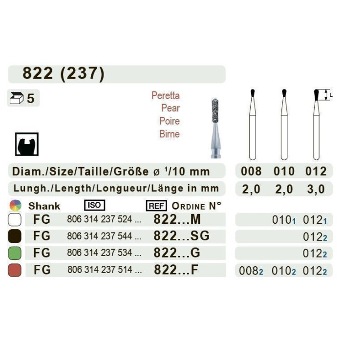 Бор діамантовий, під ТН № 822.534.012, 1шт груша; діам.= 1.20 мм; роб.довж.= 3.0 мм; 151 мкм (зелений); (L=19 мм) (Teka/Тека)