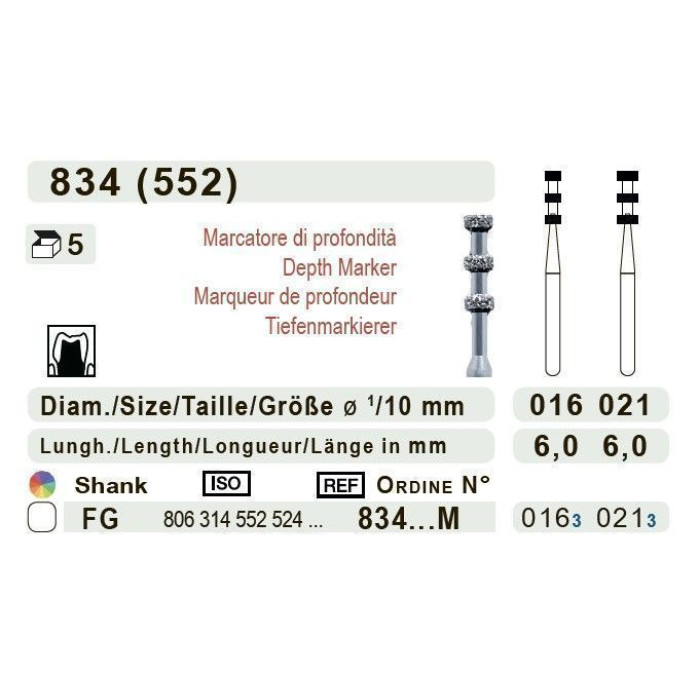 Бор діамантовий, під ТН № 834.524.021, 1шт маркер глибини; діам.= 2.10 мм; роб.довж.= 6.0 мм; глиб.преп.= 0.5 мм; 107-126 мкм (без маркування); (L=19 мм) (Teka/Тека)