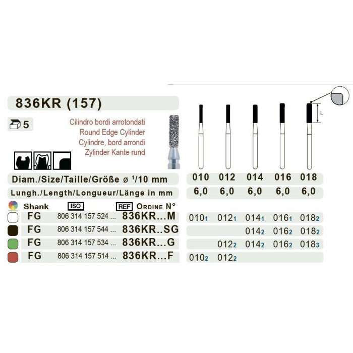 Бор діамантовий, під ТН № 836KR.534.016, 1шт циліндр заокруглений; діам.= 1.60 мм; роб.довж.= 6.0 мм; 151 мкм (зелений); (L=19 мм) (Teka/Тека)