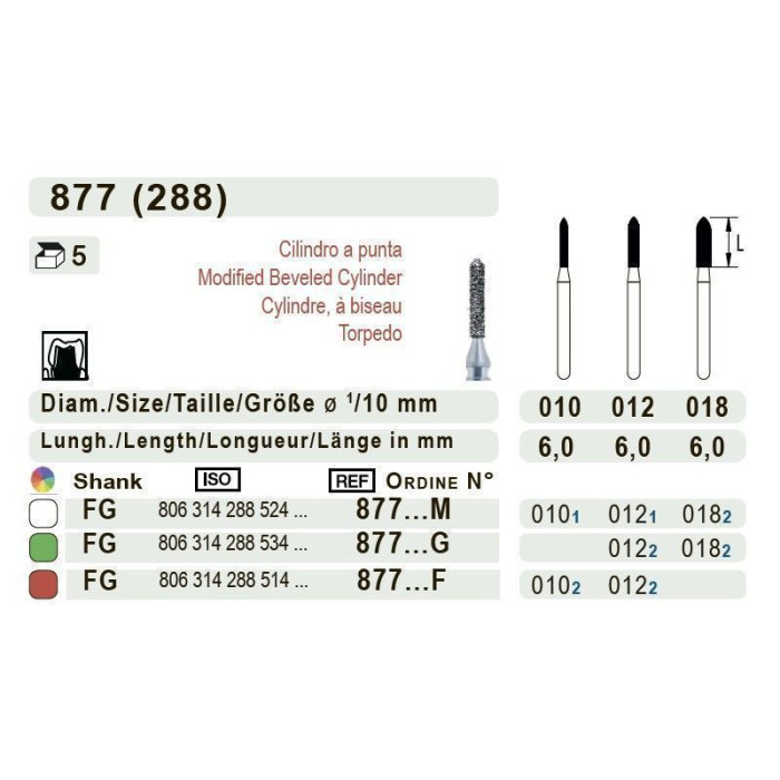 Бор діамантовий, під ТН № 877.524.012, 1шт циліндр загострений; діам.= 1.20 мм; роб.довж.= 6.0 мм; 107-126 мкм (без маркування); (L=19 мм) (Teka/Тека)