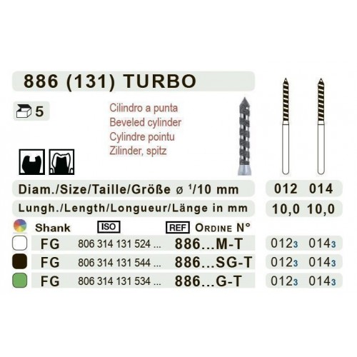 Бор діамантовий, під ТН Turbo № 886.524.012 Turbo, 1шт циліндр загострений; діам.= 1.20 мм; роб.довж.= 10.0 мм; 107-126 мкм (без маркування); (L=19 мм) (Teka/Тека)