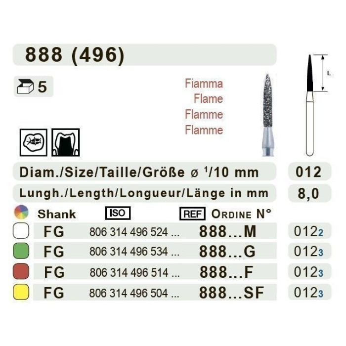 Бор діамантовий, під ТН № 888.534.012, 1шт полум'я; діам.= 1.20 мм; роб.довж.= 8.0 мм; 151 мкм (зелений); (L=19 мм) (Teka/Тека)
