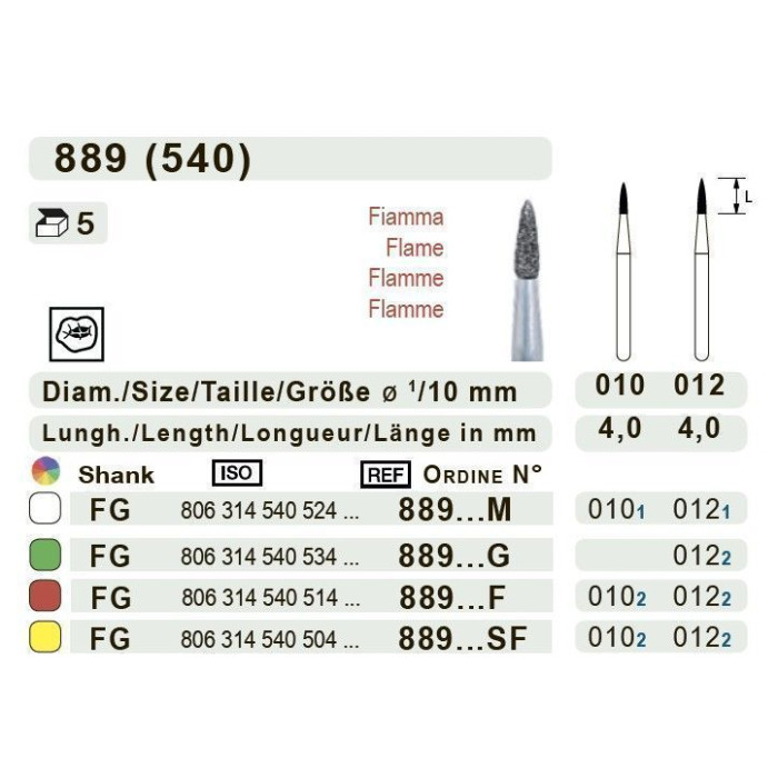 Бор діамантовий, під ТН № 889.524.010, 1шт полум'я; діам.= 1.00 мм; роб.довж.= 4.0 мм; 107-126 мкм (без маркування); (L=19 мм) (Teka/Тека)
