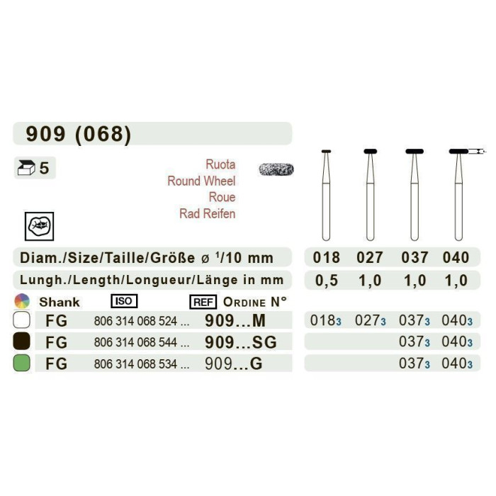 Бор діамантовий, під ТН № 909.534.040, 1шт колесо; діам.= 4.00 мм; роб.довж.= 1.0 мм; 151 мкм (зелений); (L=19 мм) (Teka/Тека)