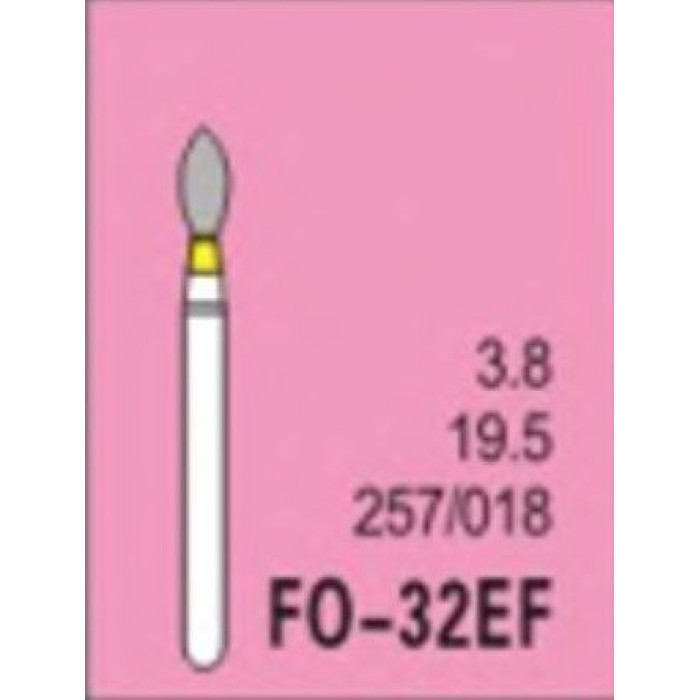 Бор діамантовий, під ТН № FO-32EF-257/018, 1шт полум'я; діам.= 1.80 мм; роб.довж.= 3.8 мм; 20-30 мкм (жовтий); (L=19.5 мм) (Tengyuan/Теньюань)