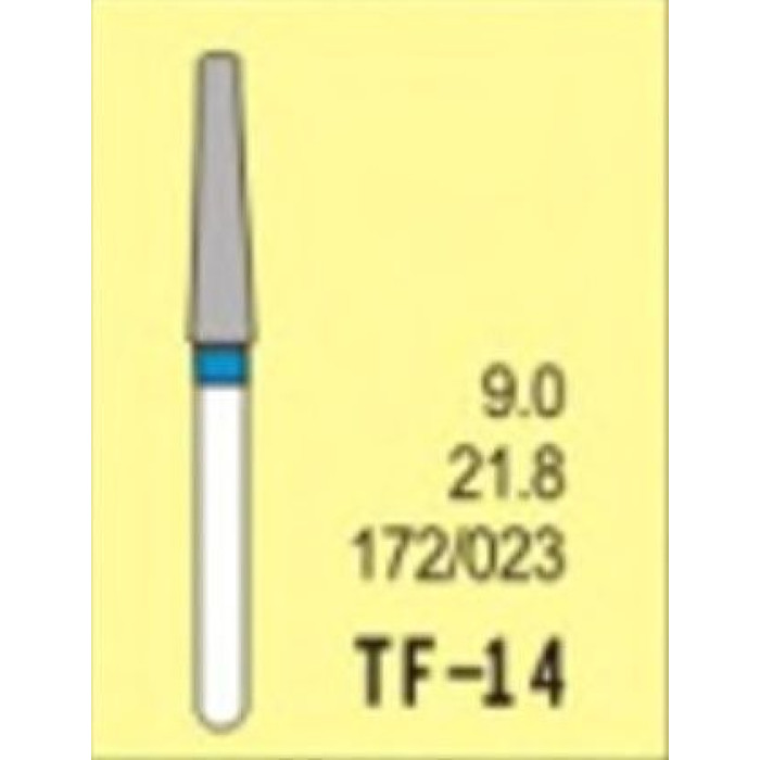 Бор діамантовий, під ТН № TF-14-172/023, 1шт конус усічений; діам.= 2.30 мм; роб.довж.= 9.0 мм; 120-140 мкм (синій); (L=21.8 мм) (Tengyuan/Теньюань)