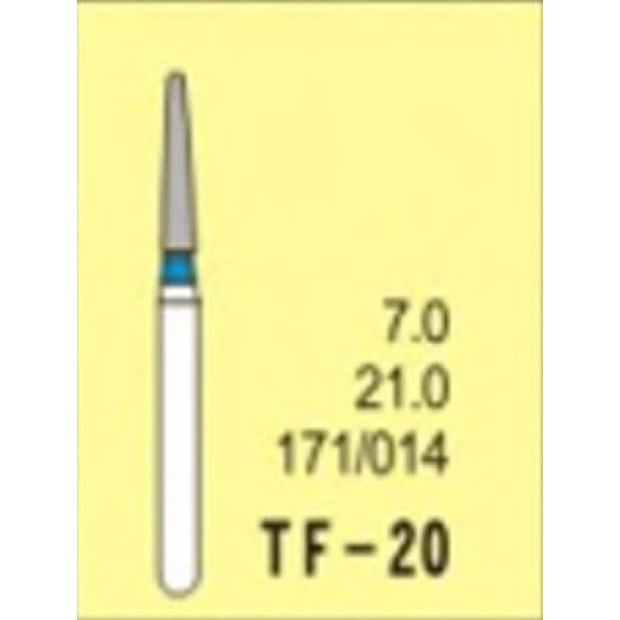 Бор діамантовий, під ТН № TF-20-171/014, 1шт конус усічений; діам.= 1.40 мм; роб.довж.= 7.0 мм; 120-140 мкм (синій); (L=21 мм) (Tengyuan/Теньюань)